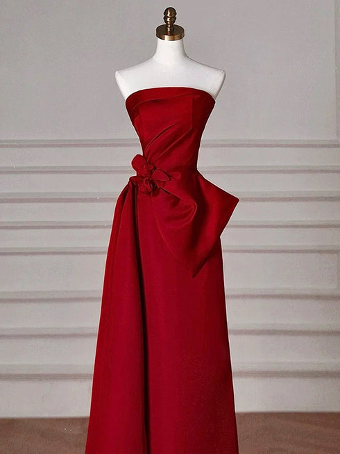 Wine Red A-line Strapless Floor Length Prom Dress Evening Dress, Wine Red Satin Formal Dress